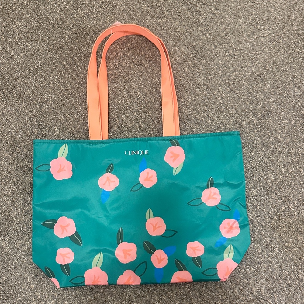 Clinique Teal Floral Tote with Coral Handles
